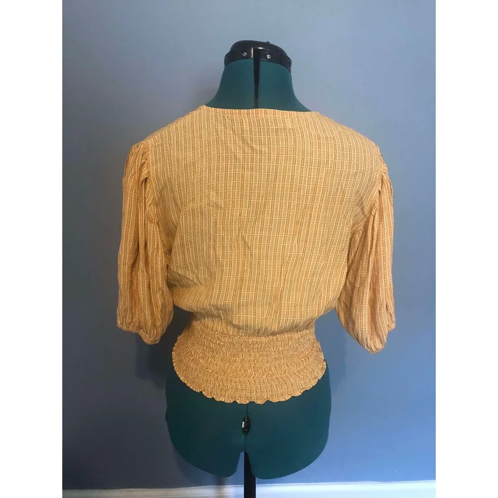 Faithfull the Brand Yellow Plaid Puff Sleeve Wrap Style Blouse, size 4